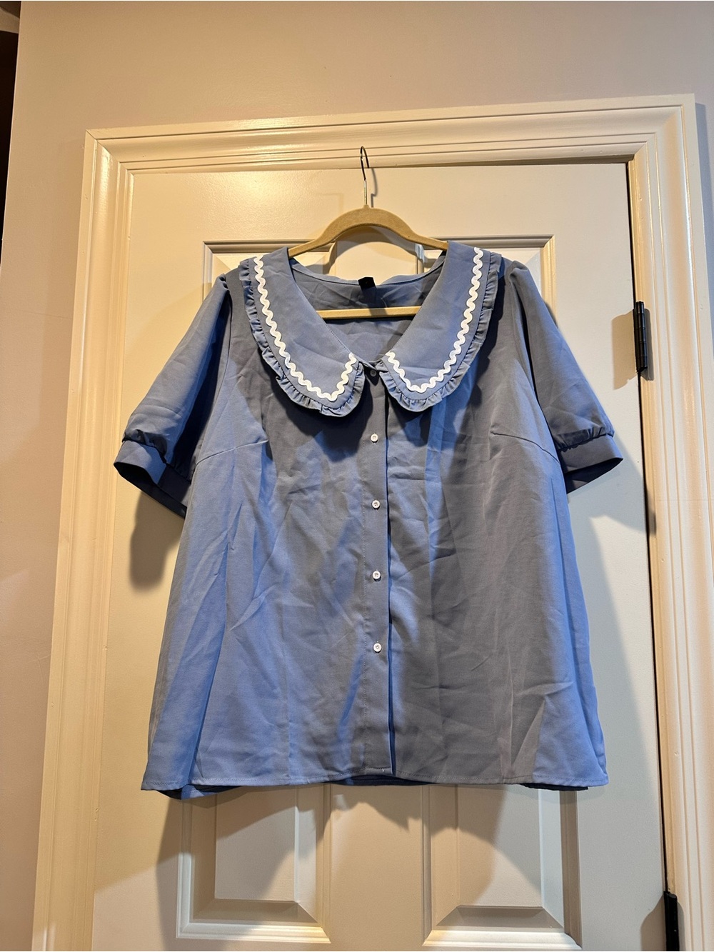 Blue Button-Front Top with Decorative Peter Pan Collar